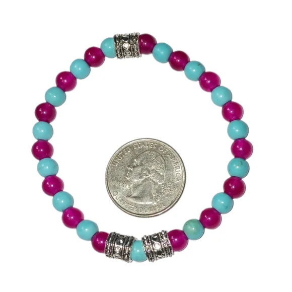 Turquoise & Magenta Jade Crystal Beaded Stretch Bracelet Y2K Slip On Style - Picture 3 of 12